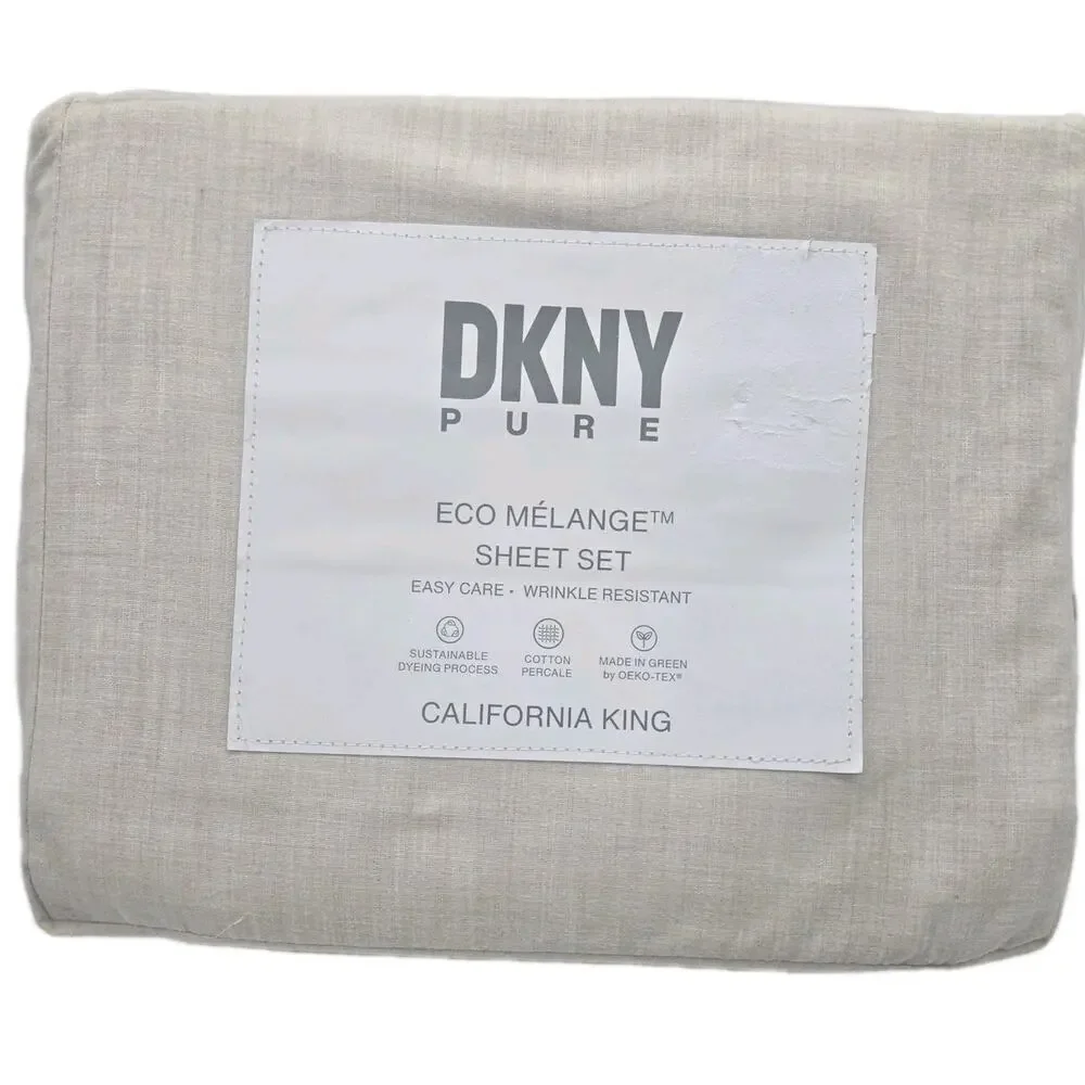 DKNY Pure California King Sheet Set 4pc Eco Melange BEIGE ECRU NEW Cotton/Poly
